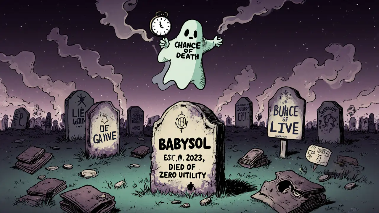 A crypto graveyard with a tombstone for BABYSOL, ghostly clock ticking to zero.