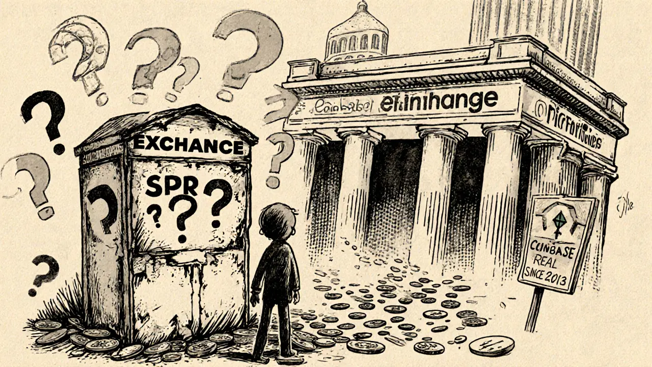 A lone person approaches a crumbling &#039;SPR Trading App&#039; booth while major exchanges loom large nearby.