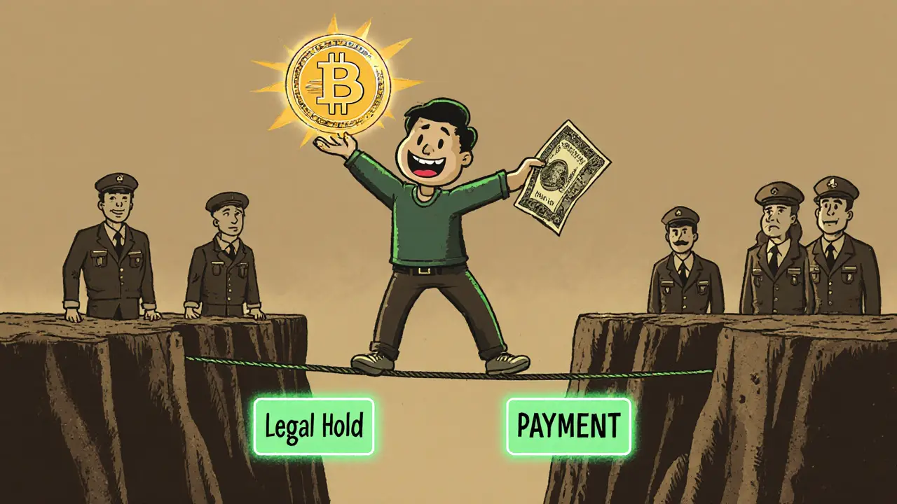 A man holds Bitcoin like treasure while balancing between legal ownership and illegal spending.
