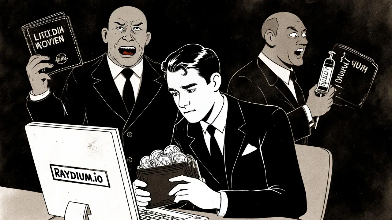 A nervous trader at a flickering screen, shadowy whales watching as he tries to buy BABYSOL.