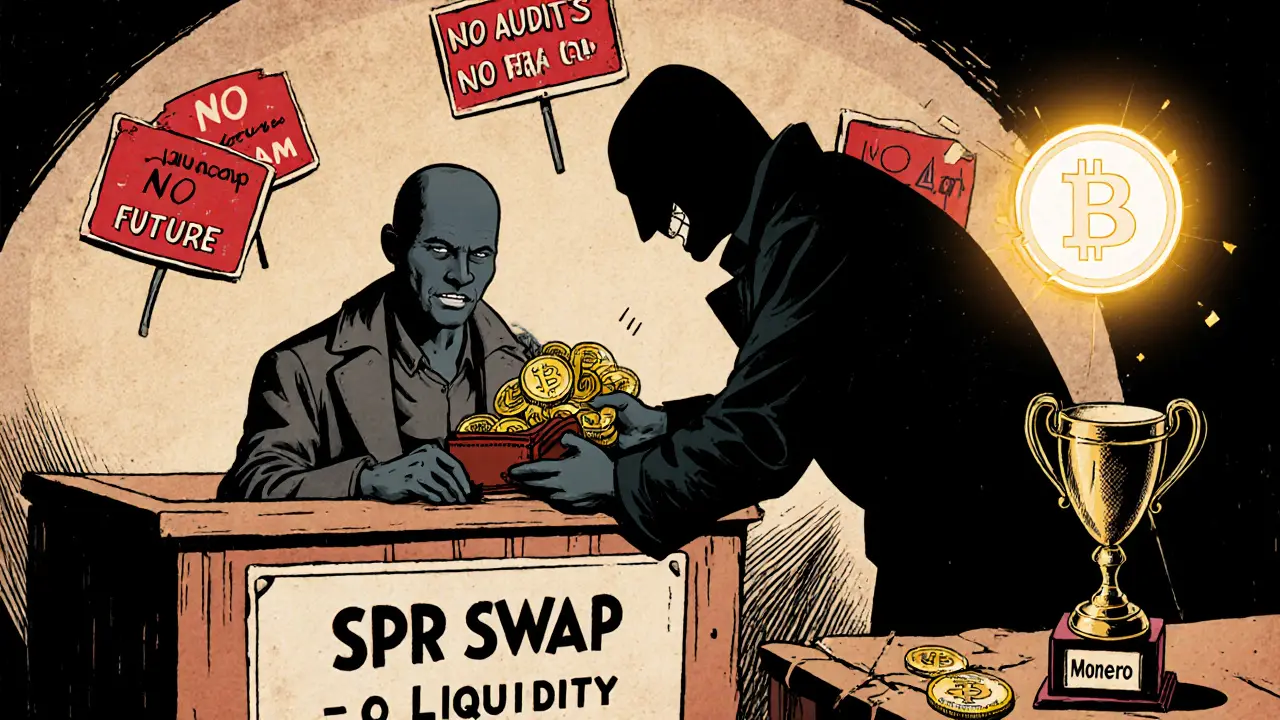 A shadowy figure trades Bitcoin for SPR tokens as warning signs float in the air around them.