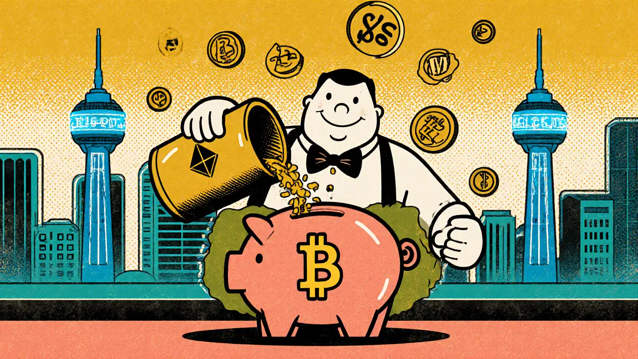 A smiling banker pouring coins into a piggy bank liquidity pool with ETH and WBTC symbols, surrounded by yield sparks.