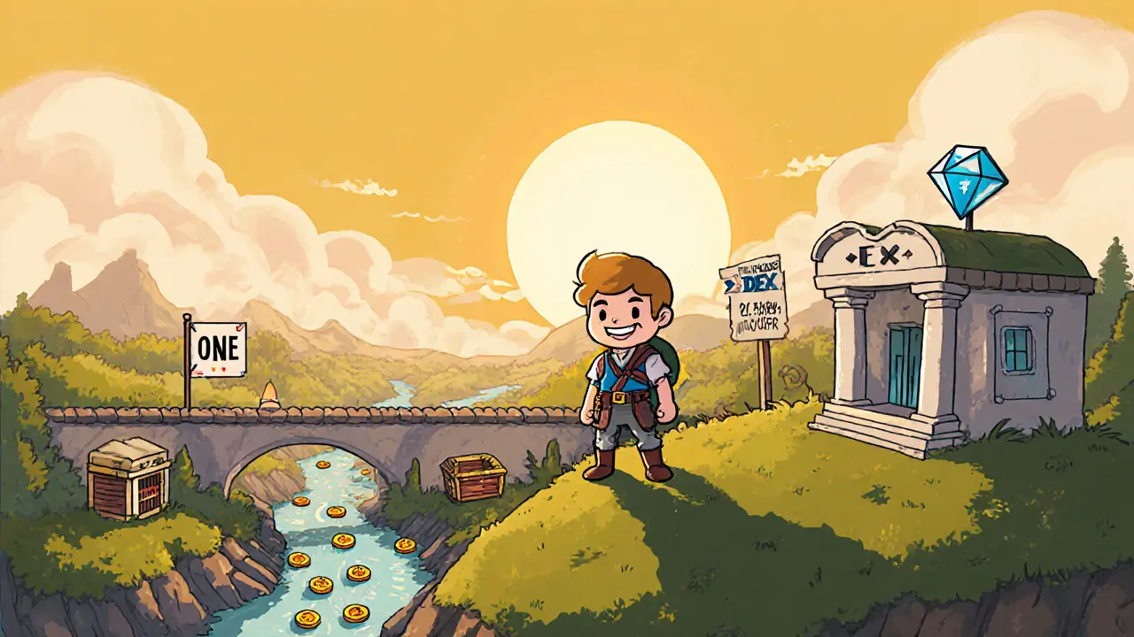 Adventurer overlooking a blended DEX and RPG landscape with a bridge, bank, and quest elements.