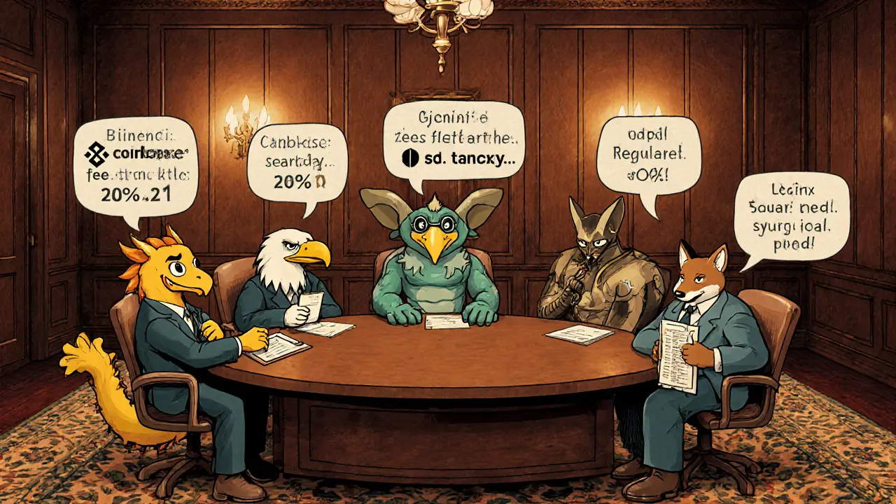 Anthropomorphic mascots of top exchanges discuss fees and regulations at a retro conference table.