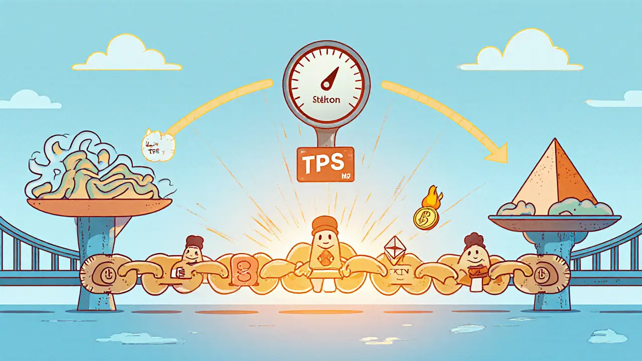Cartoon blockchain with validators and colorful bridges to Ethereum, Waves, and TRON, showing 1200 TPS speedometer.