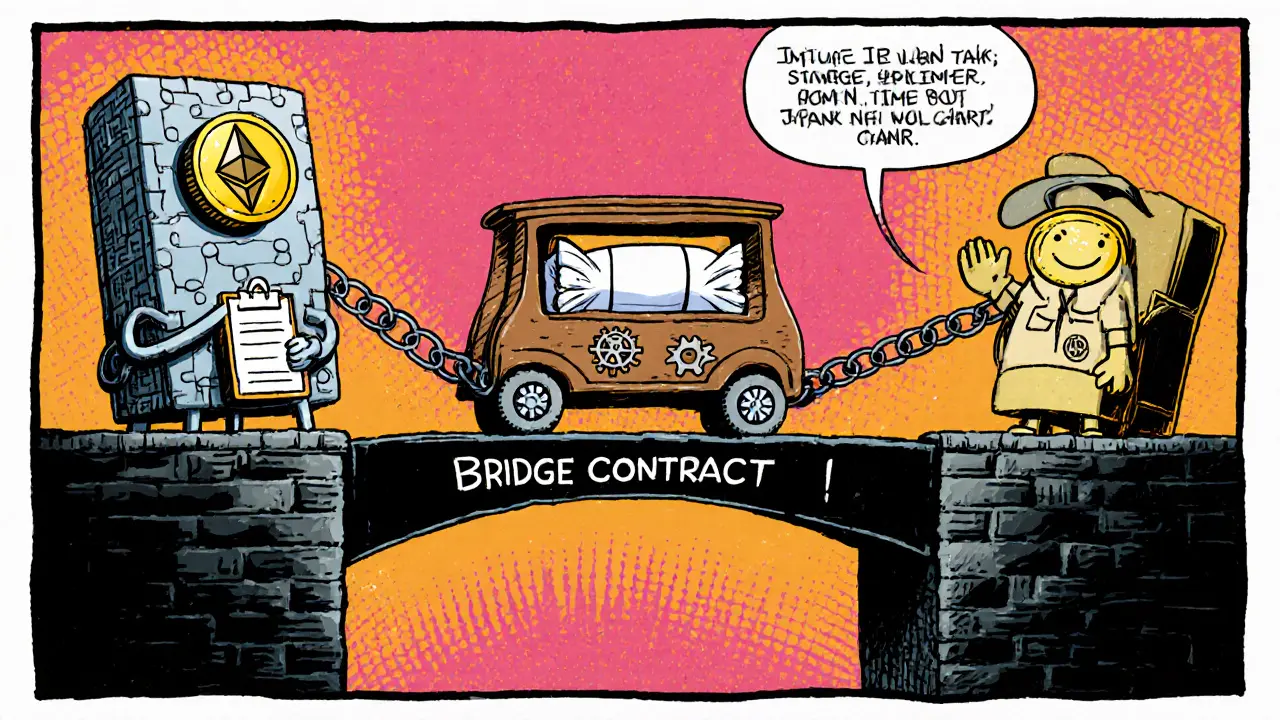 Cartoon bridge lock and mint process moving an NFT from Ethereum to Polygon.