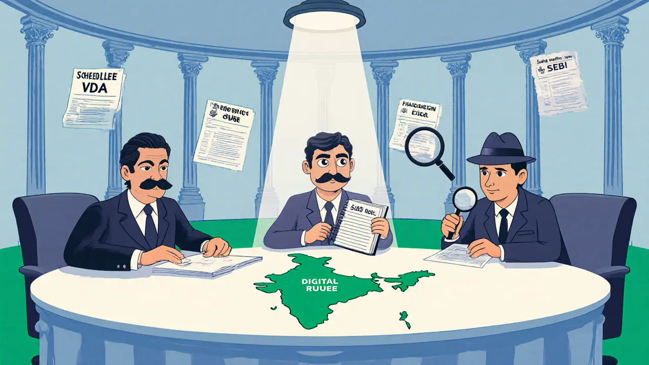 Cartoon government officials (RBI, FIU‑IND, SEBI) discuss crypto regulation around a table.