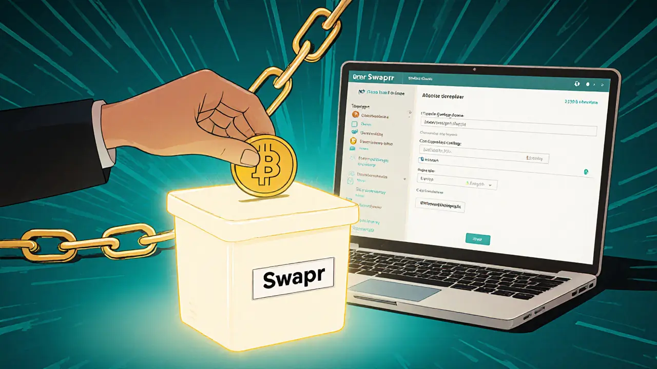 Cartoon panel showing Swapr's four‑step cross‑chain swap process.