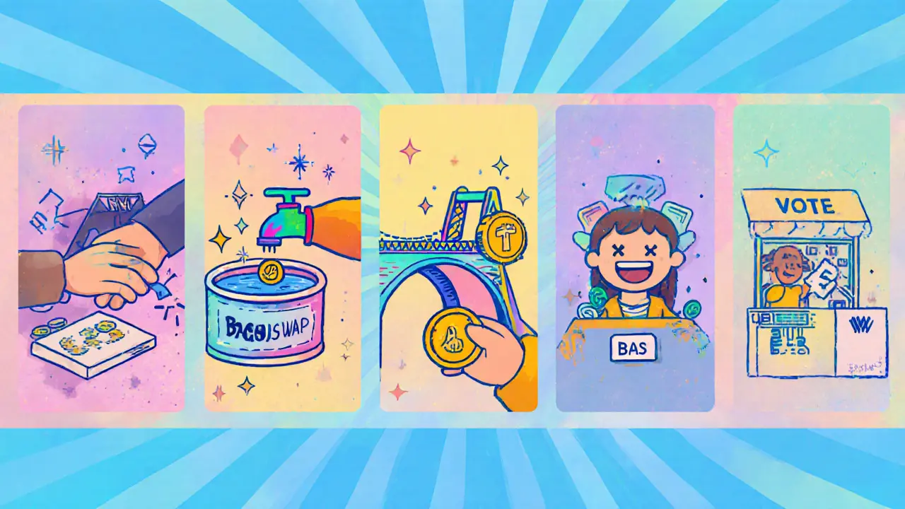 Cartoon panels showing swapping, liquidity, bridging, NFT trade, and voting.