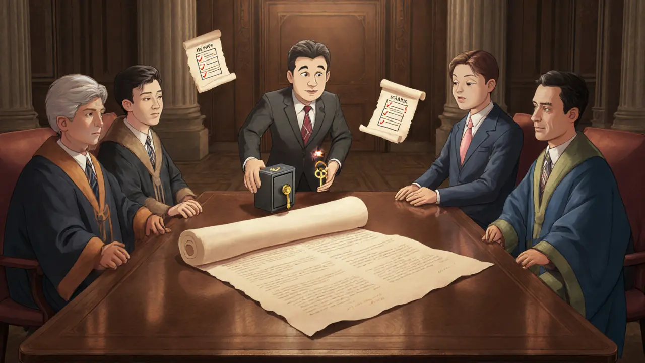 Cartoon regulators and lawyer reviewing a smart contract and digital wallet.