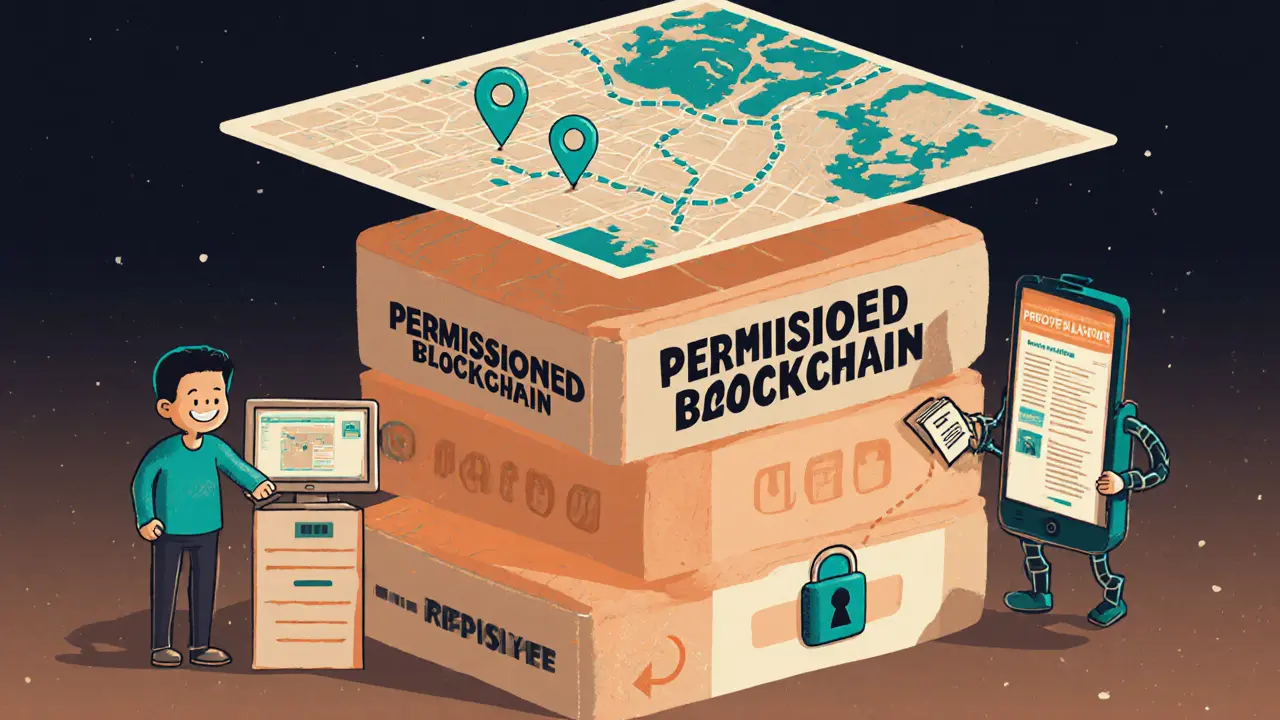 Cartoon showing three‑layer blockchain architecture with ledger, app, and GIS.