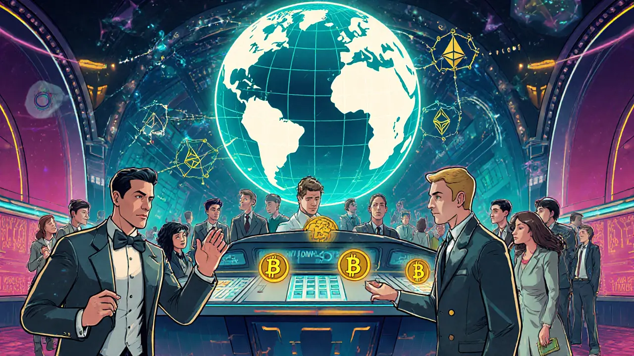 Cartoon trading floor where diverse investors trade glowing security tokens.