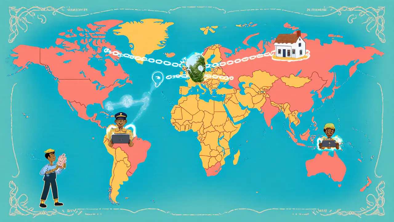 Cartoon world map linking houses in Georgia, India, Ghana, Brazil via blockchain.