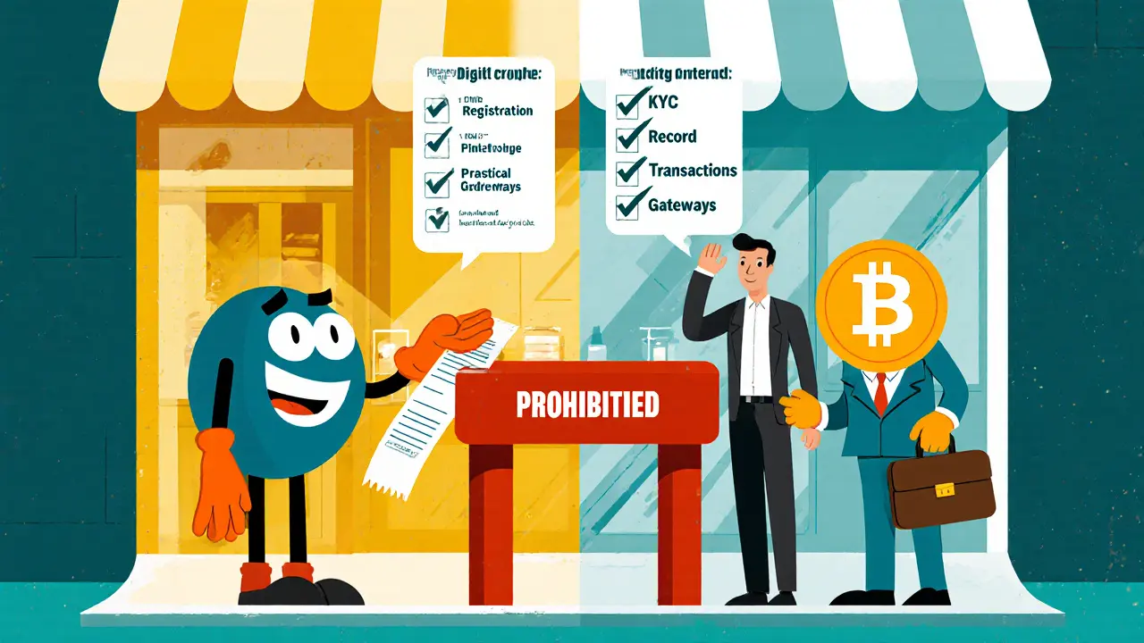 Digital rupee character pays merchant while Bitcoin is blocked, with compliance checklist.