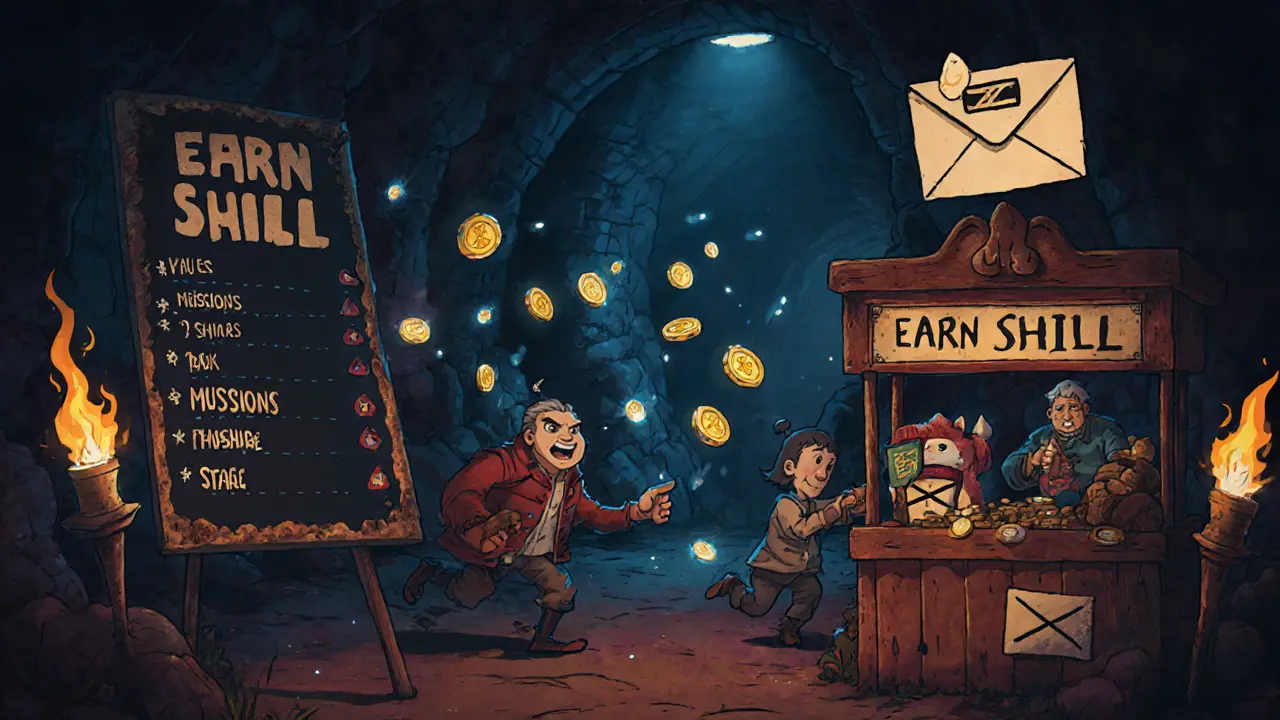 Dungeon scene with gamers collecting floating SHILL tokens and trading in a vintage cartoon.