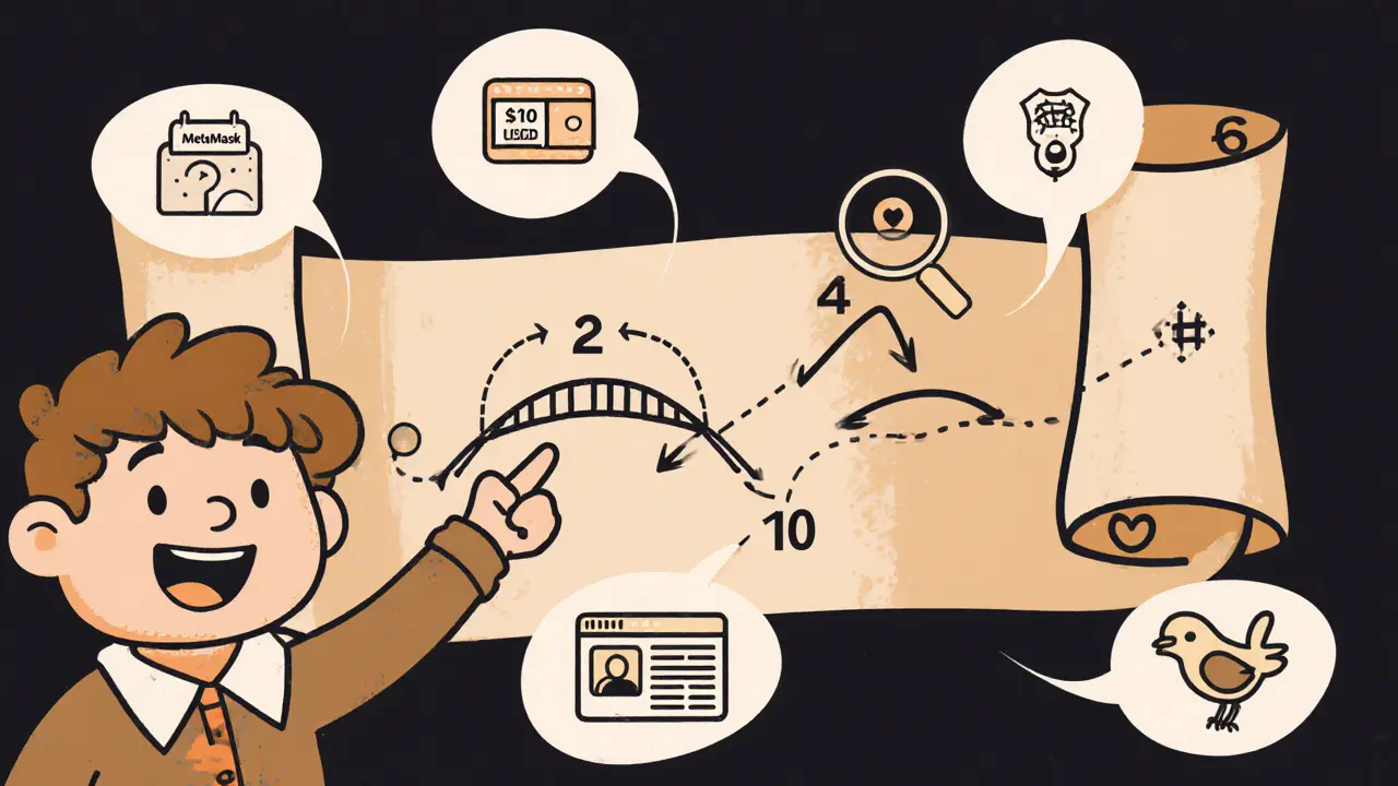 Guide character pointing at a roadmap scroll of airdrop preparation steps.
