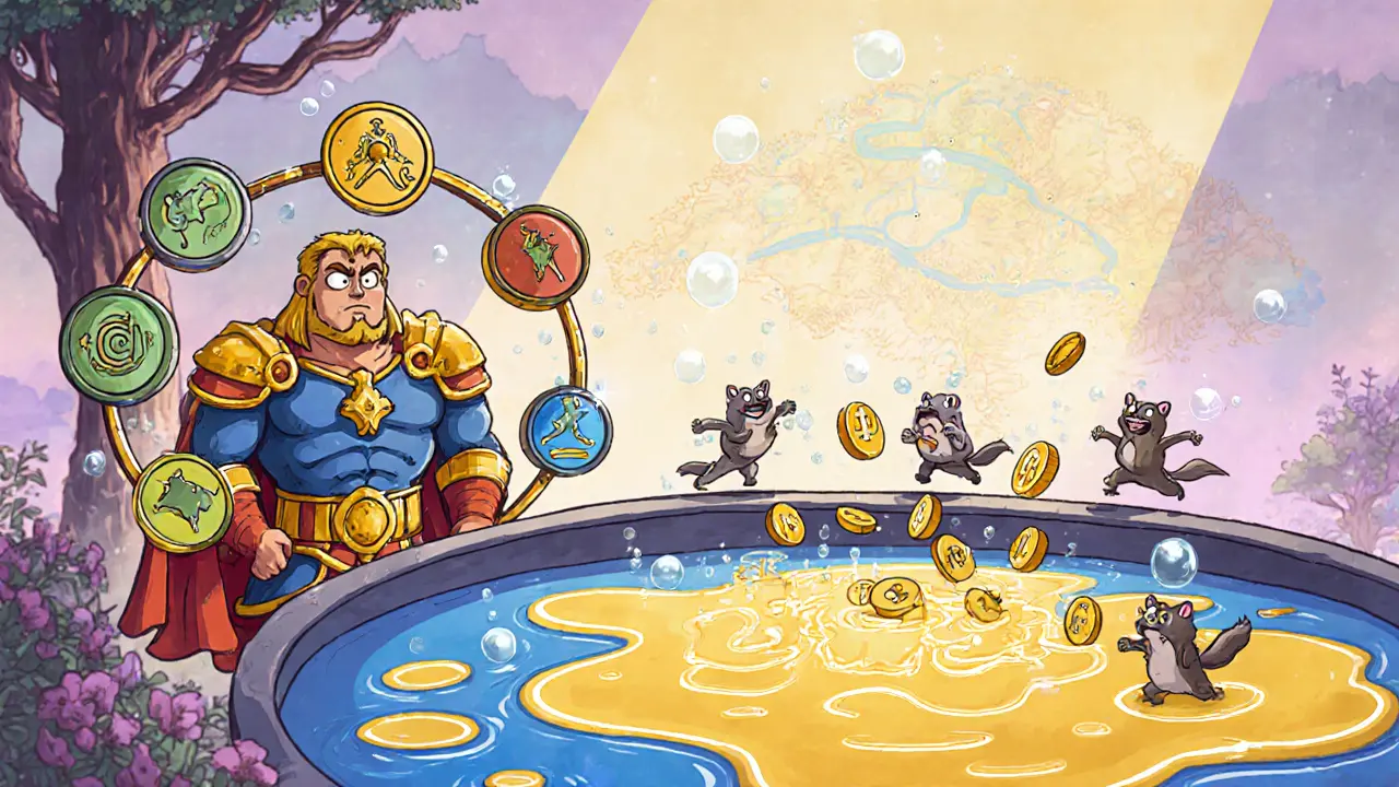 Hero with attribute icons beside a goldenâblue liquidity pool and floating LP token critters.