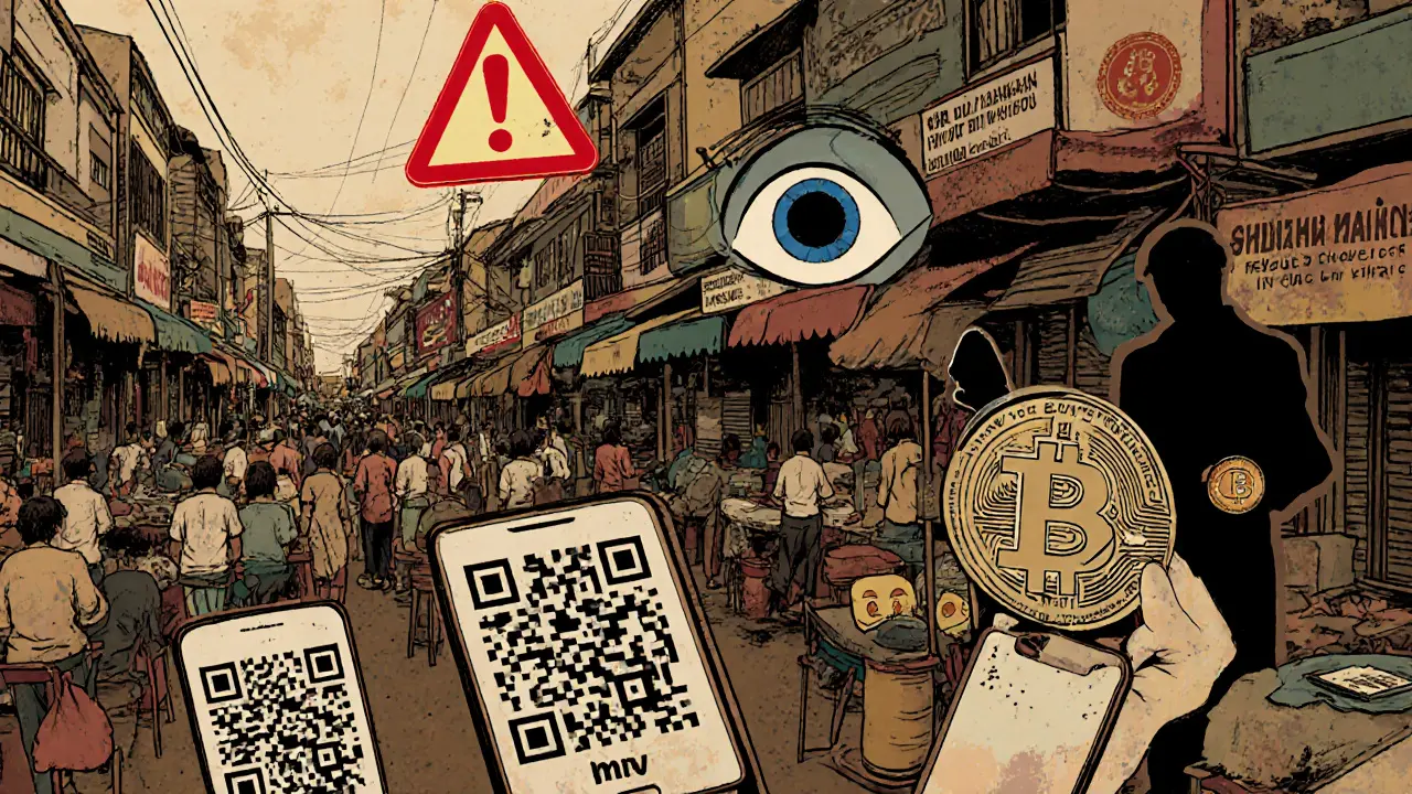 Market vendors use digital payments, while a secret crypto trade happens under the table, watched by a giant eye.