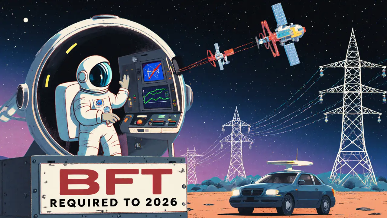 NASA spacecraft and power grid with Byzantine Fault Tolerance signs, under threat from deceptive signals.