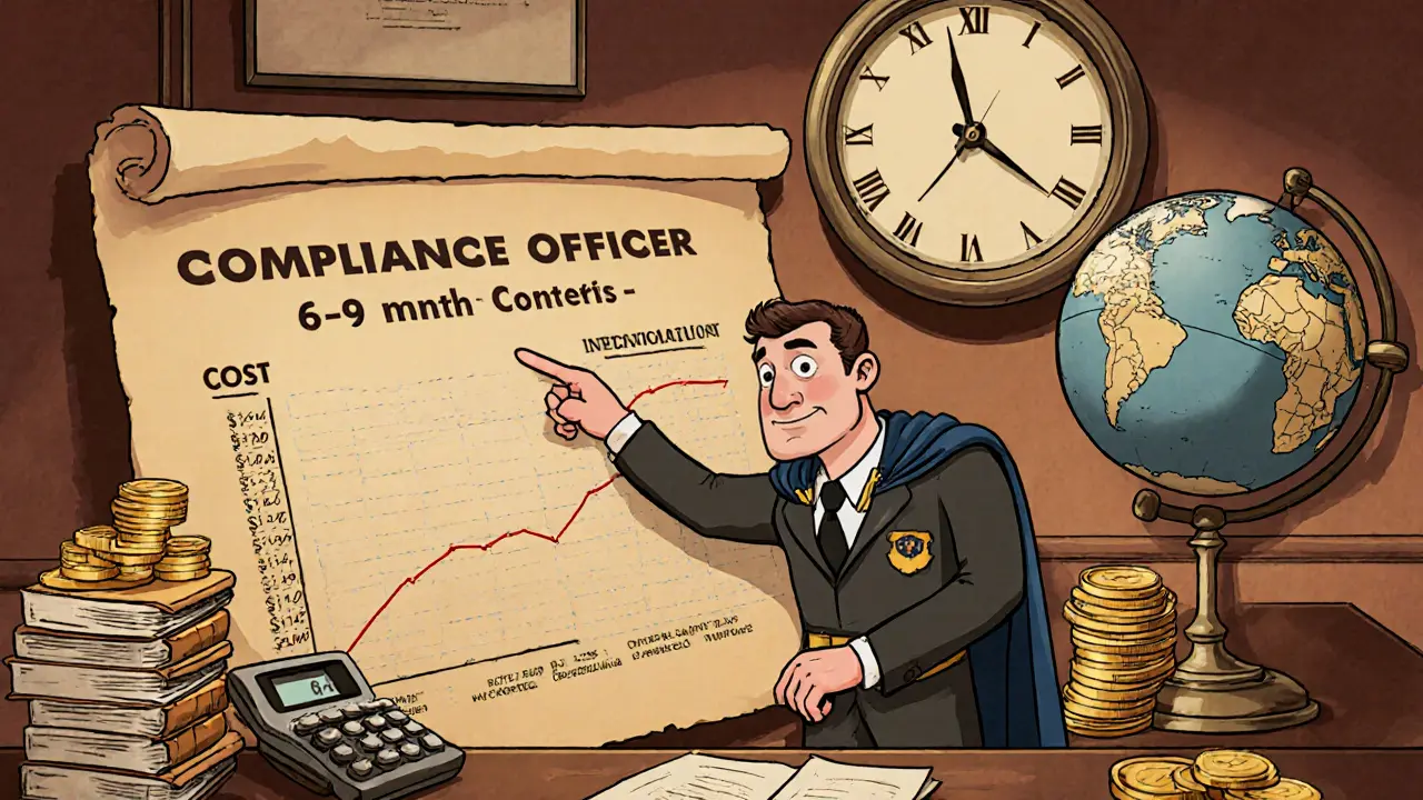 Retro cartoon of compliance officer reviewing cost charts and timelines at a desk.