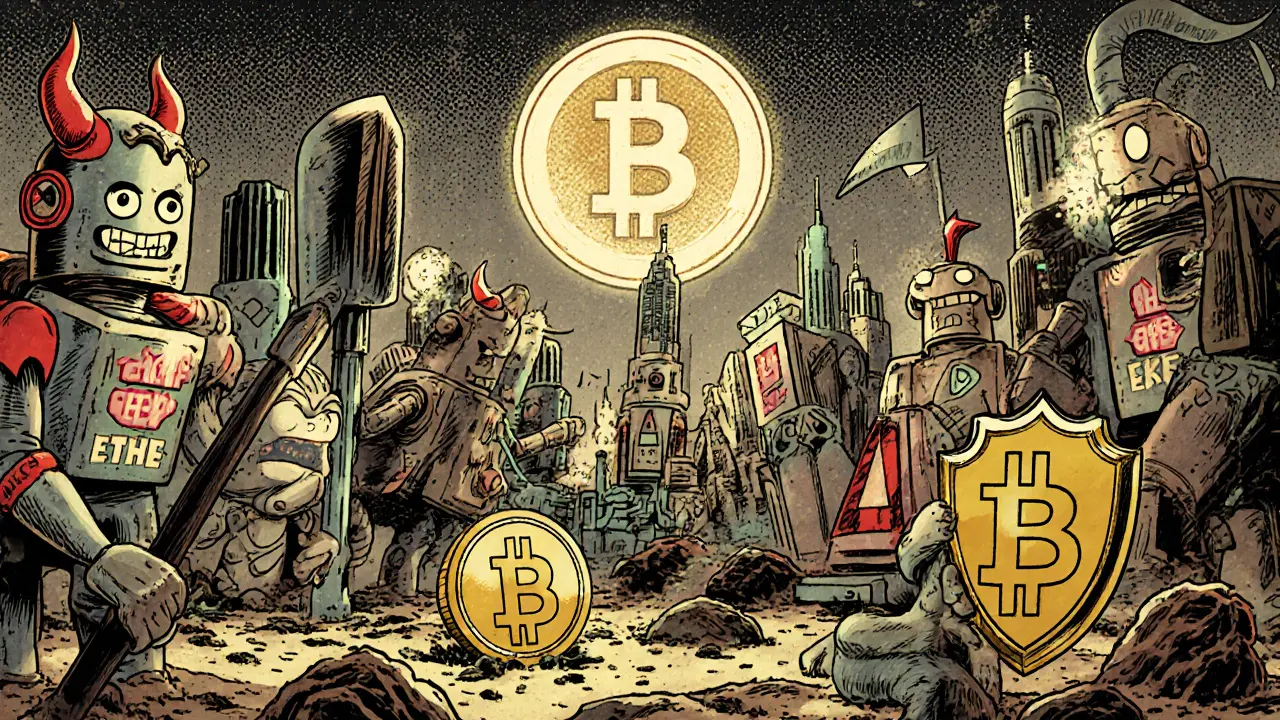 Retro-futuristic blockchain city with mining robots and staking validators under a glowing 3f+1 sign.