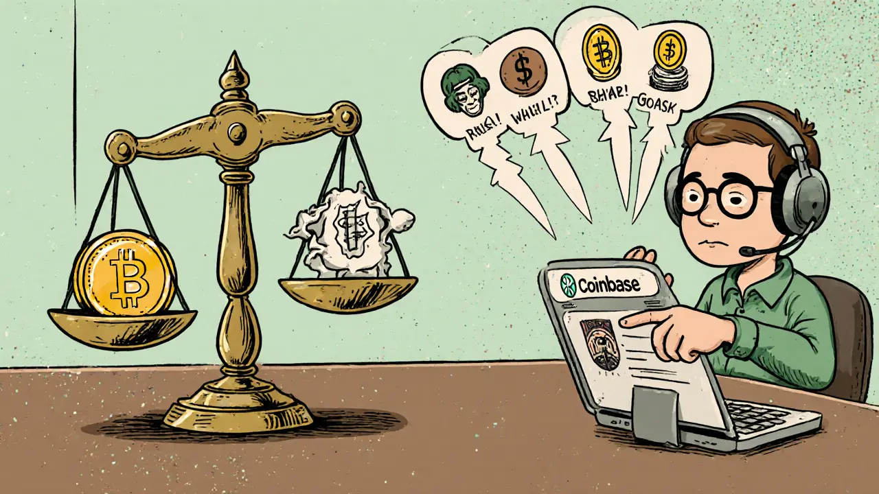 Scale balancing SHILL token against risk icons, with a player buying on Coinbase in cartoon style.