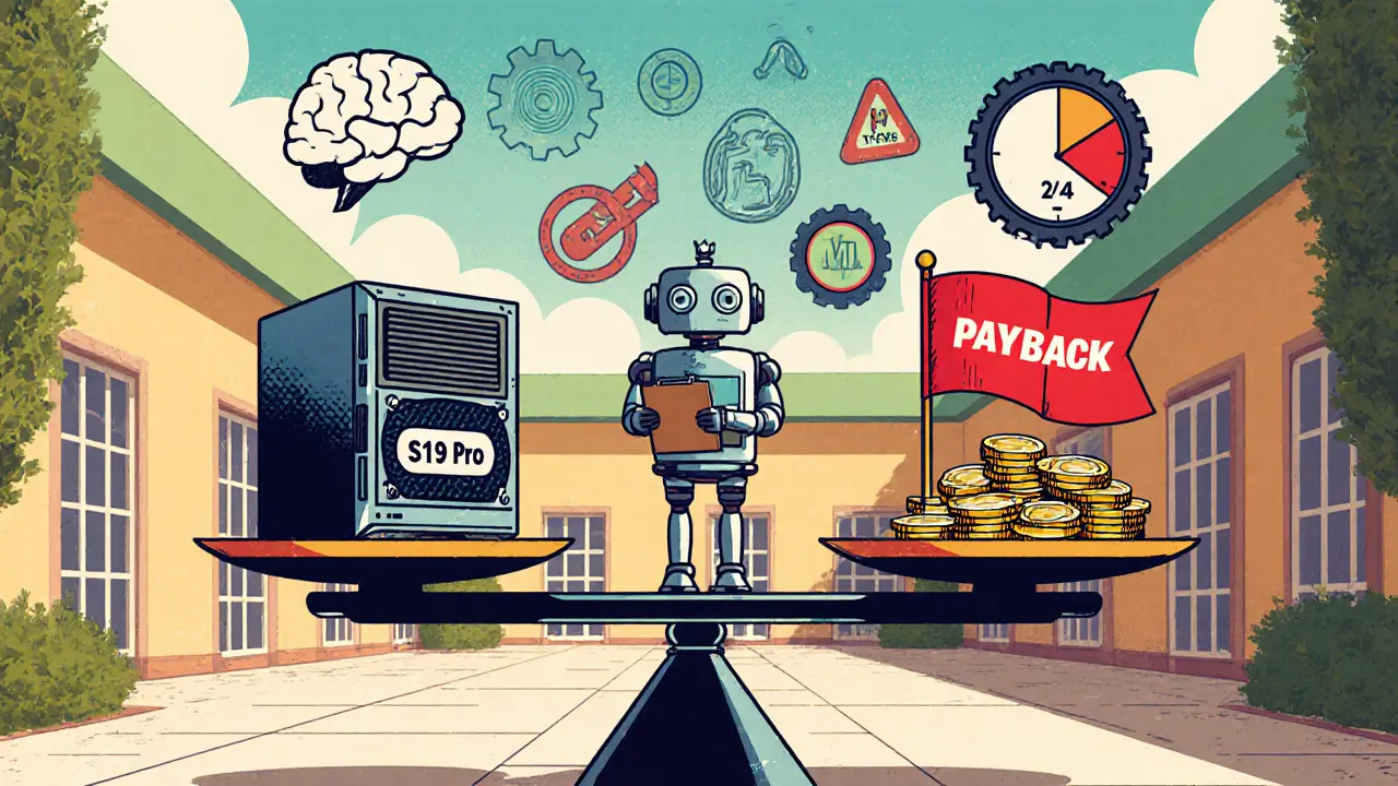 Scale weighing ASIC rig against coins and a warning flag, with AI robot in background.