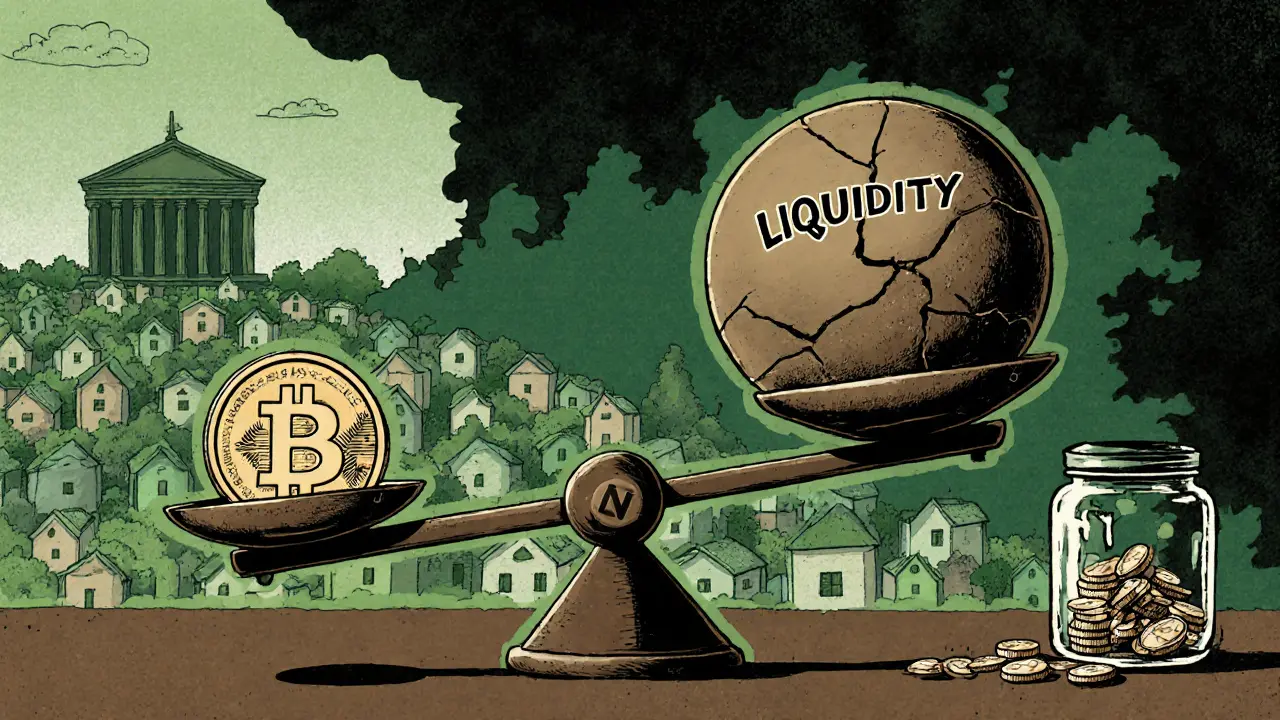 Small UBX coin on a scale opposite a heavy liquidity weight, illustrating market risk.