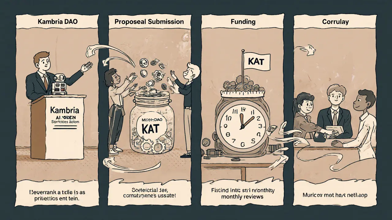 Storyboard cartoon showing proposal submission, community funding, micro-DAO creation, development, and commercialization.