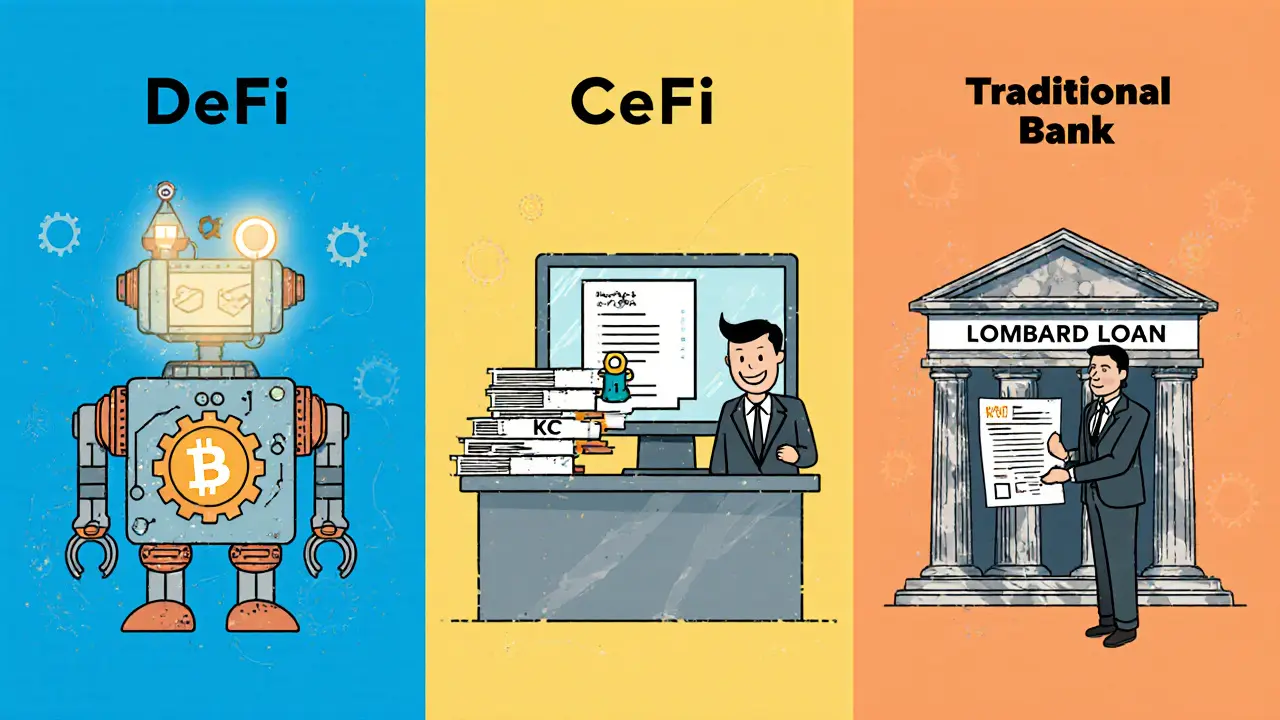 Three‑panel vintage cartoon comparing DeFi, CeFi, and traditional bank crypto loans.