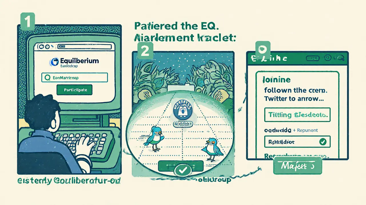 Three‑panel vintage comic showing login, participation steps, and wallet address entry.