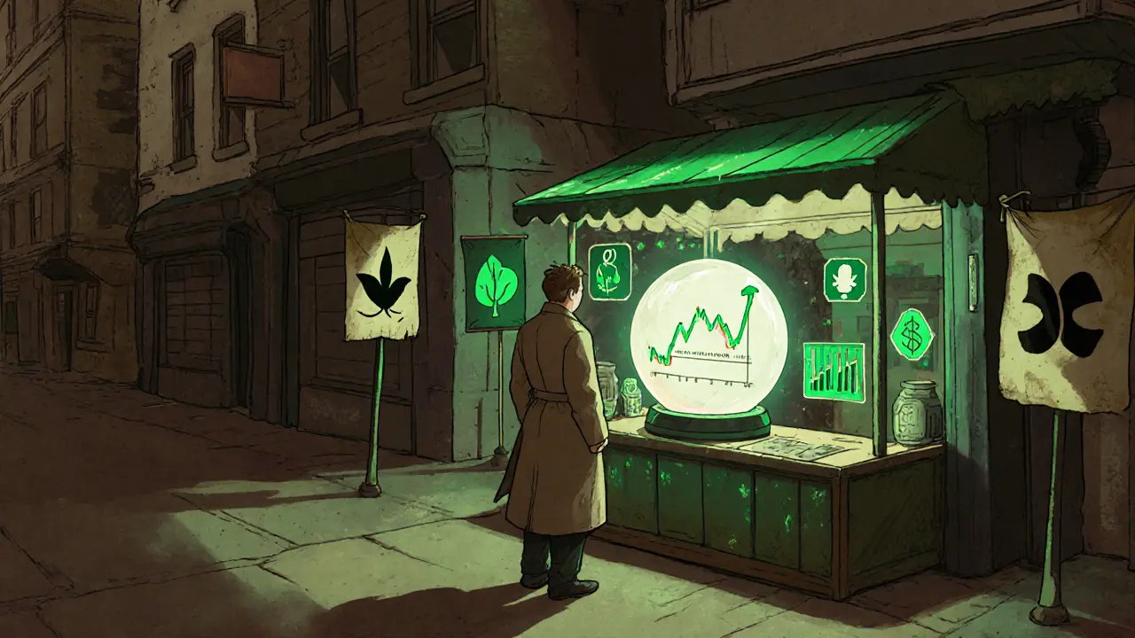 Trader looks into a crystal ball showing future exchange trends, green symbols, and consolidation.