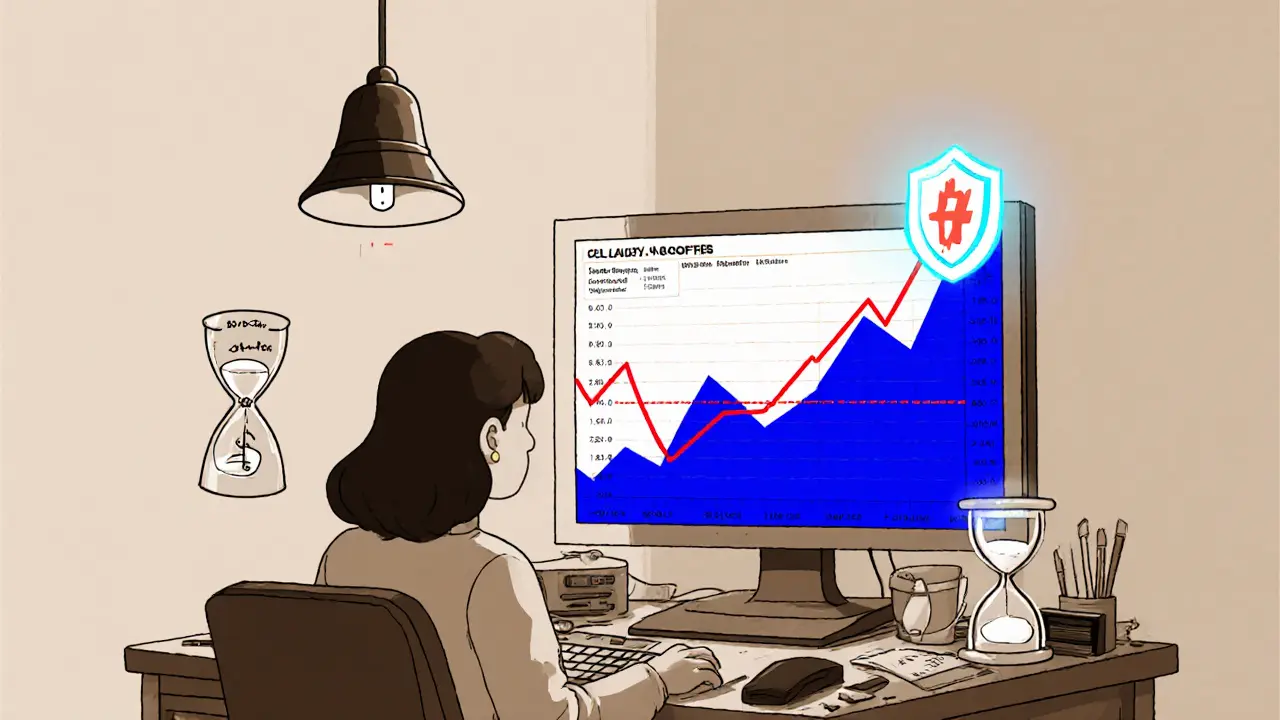 User monitors crypto loan collateral ratio with alerts and a safety shield in a vintage cartoon illustration.