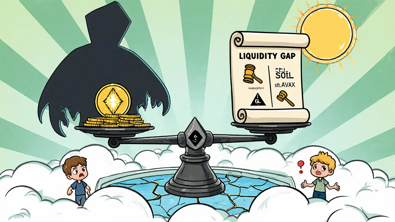 Vintage cartoon balance scale showing SDL benefits versus liquidity and regulatory risks.