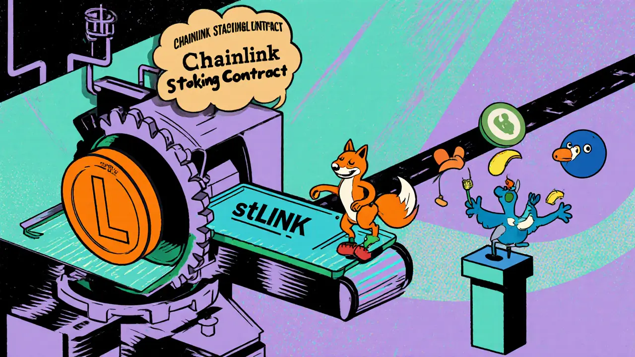 Vintage cartoon factory where LINK becomes stLINK, SDL votes, and DeFi icons use the token.