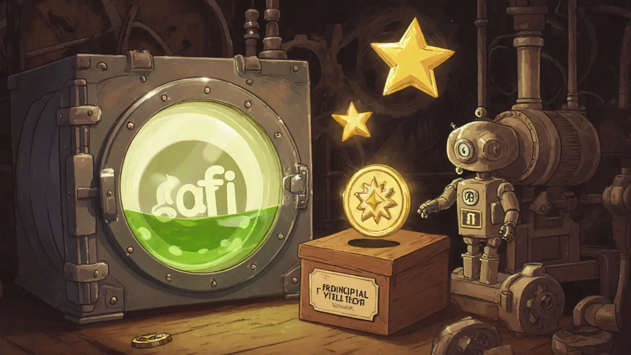 Vintage cartoon lab showing a vault minting PT, YT, and FYT token characters.