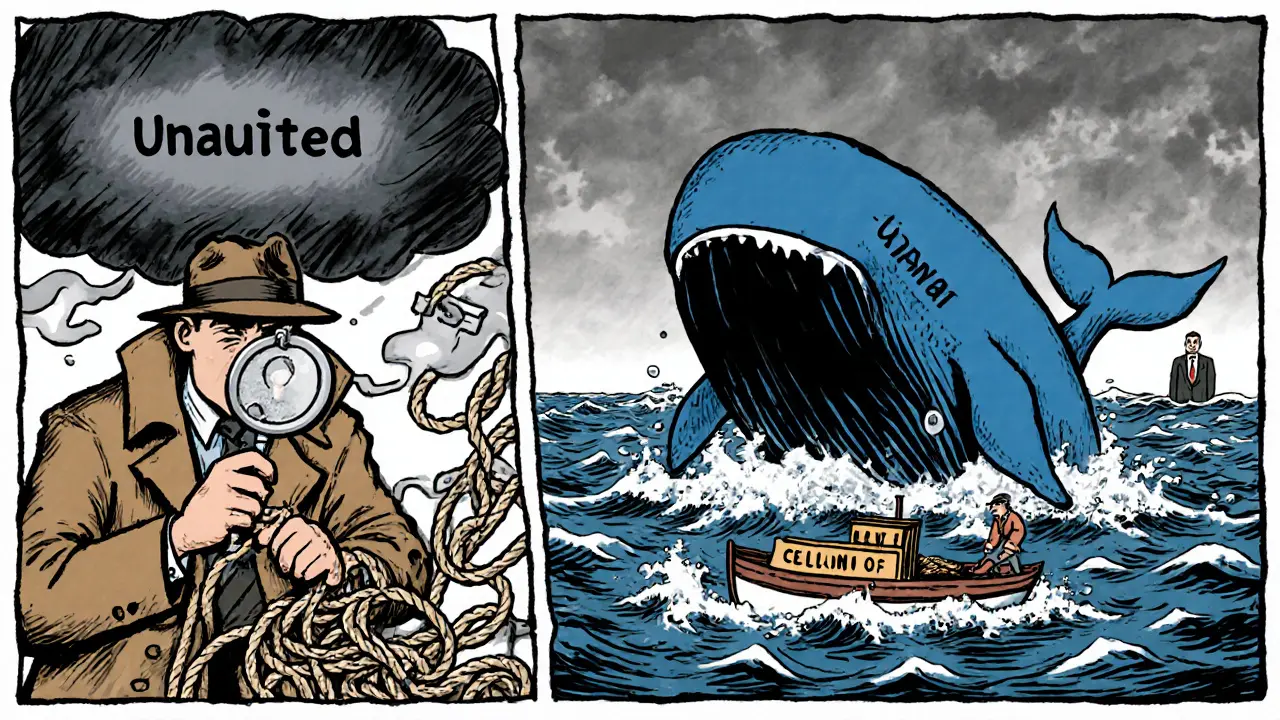 Vintage cartoon of a detective examining contracts, a stormy cloud over Cellana, and a whale symbolizing Uniswap's liquidity.