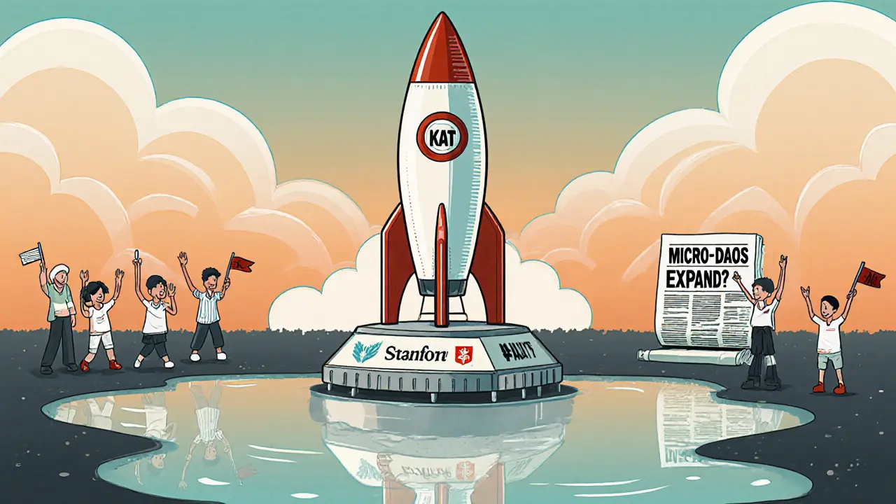 Vintage cartoon of a small KAT rocket launching from a pad with Stanford and NTU logos, over a shallow liquidity puddle.