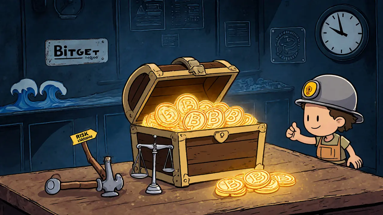 Vintage cartoon of a treasure chest of BUNI coins, staking lever, risk scale, and low‑liquidity wave.