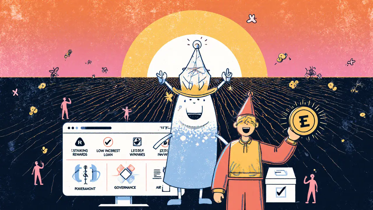 Vintage cartoon of a user celebrating EQ tokens, staking dashboard, and governance voting.