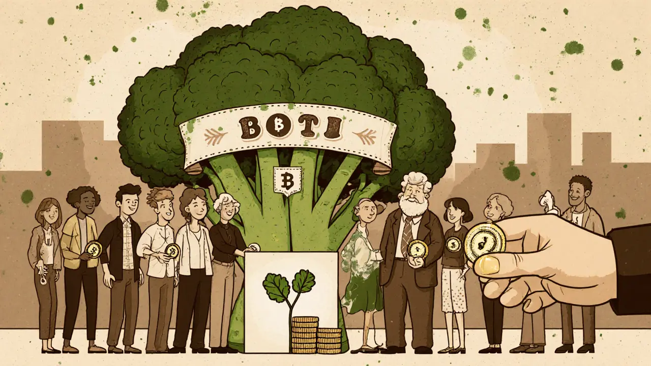 Vintage cartoon of people voting at a broccoli-shaped booth with PancakeSwap logo.