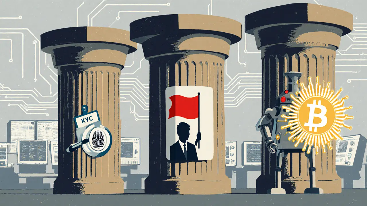 Vintage cartoon of three pillars representing KYC, AML, and transaction monitoring.