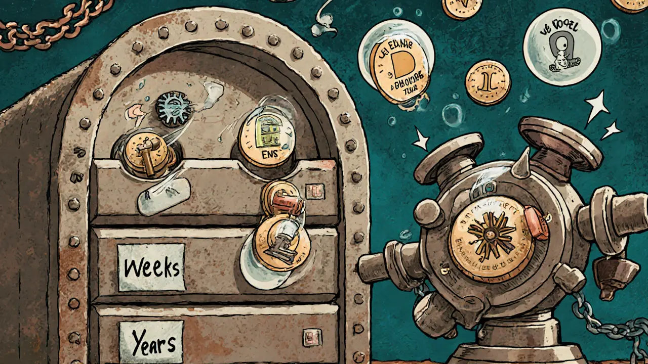 Vintage cartoon of users locking CELL coins into a vault, turning them into veNFT badges beside a quirky swap engine.
