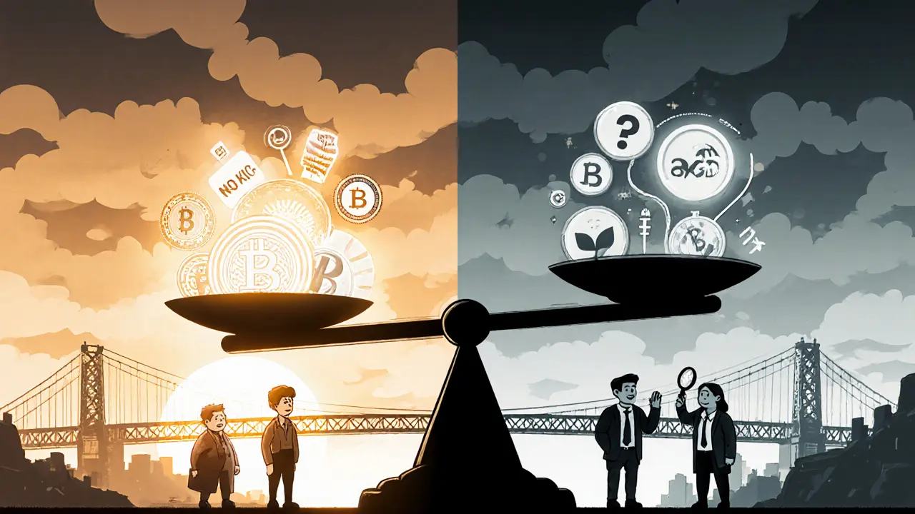Vintage cartoon scale balancing Swapr's benefits and drawbacks under a regulatory sky.
