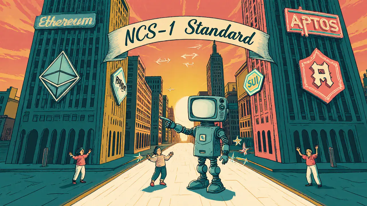 Vintage cartoon scene of AI robot swapping NFTs across chains with brand logos.