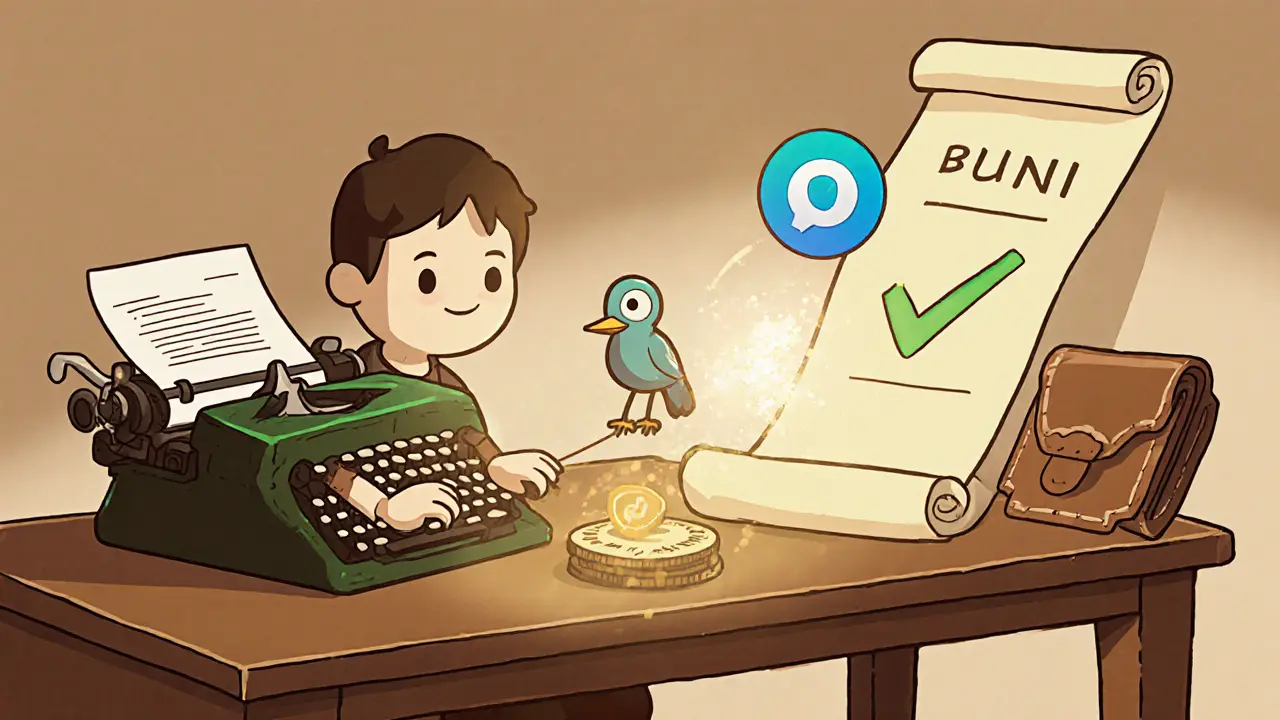 Vintage cartoon showing a character filling a form, a telegram bird, and a BUNI token beside a wallet.