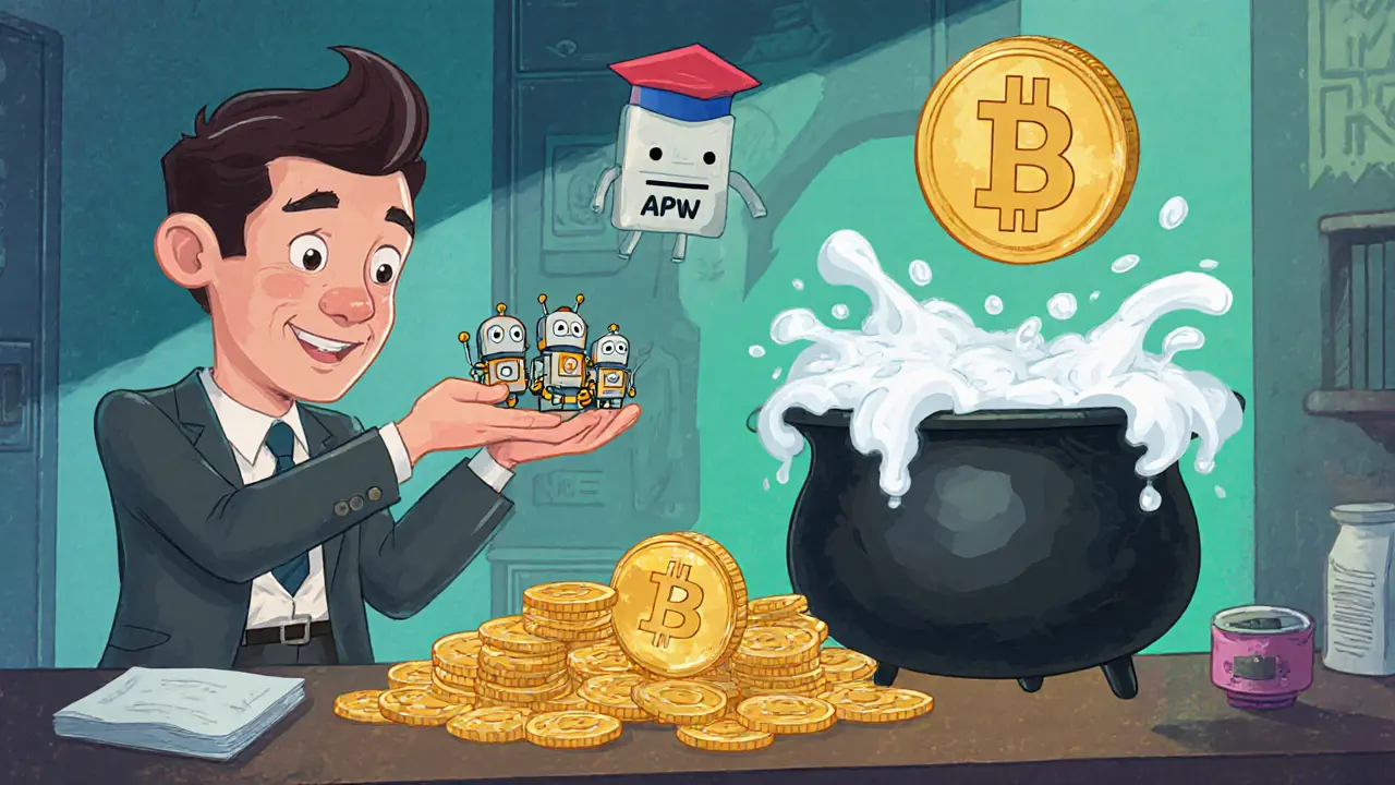 Vintage cartoon trader swapping FYT tokens for cash with an APW token nearby.