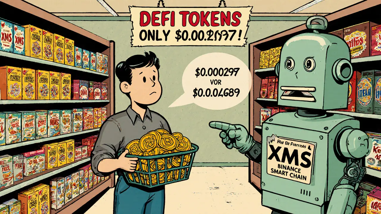 1950s shopper confused by wildly different XMS token prices in a DeFi grocery store.