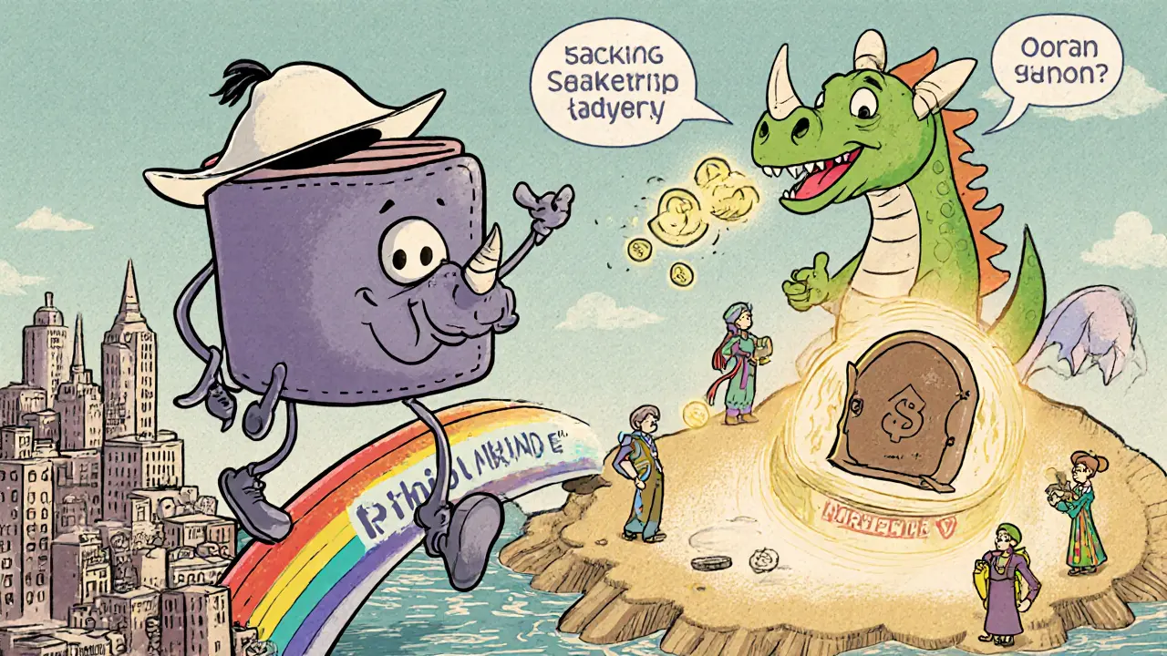 A cartoon wallet crossing a rainbow bridge to a Soneium island with DeFi platforms in the background.