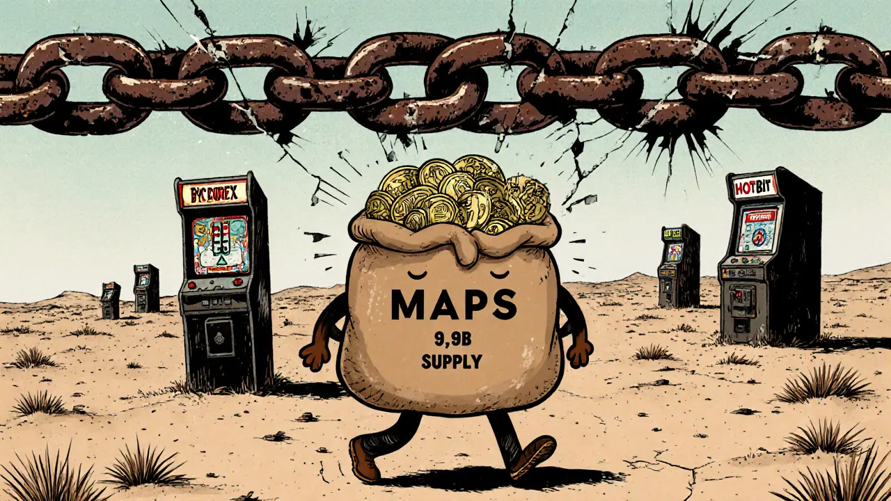 A cartoon wallet drags a huge sack of MAPS tokens through a barren digital wasteland.